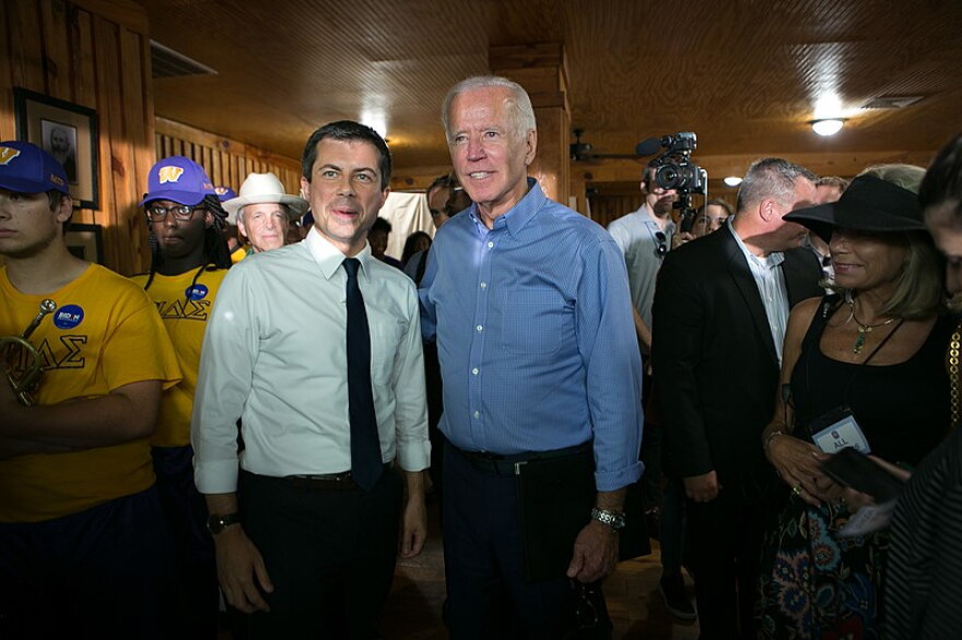 Mayor Pete Buttigieg with former Vice President Joe Biden after delivering remarks at Galivants Ferry Stump, SC in 2019.