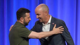 Utah Gov. Spencer Cox, right, greets Ukraine's President Volodymyr Zelenskyy, left, at the 2024 summer meeting of the National Governors Association, Friday, July 12, 2024, in Salt Lake City.