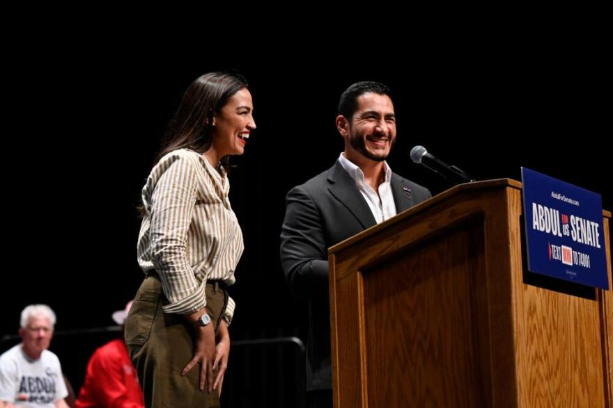 Michigan Democratic U.S. Senate primary candidate Abdul El-Sayed, right, is joined on stage by U.S. Rep. Alexandria Ocasio-Cortez, D-N.Y., during a campaign rally, Saturday, July 18, 2026, in Detroit. (Jose Juarez/AP)
