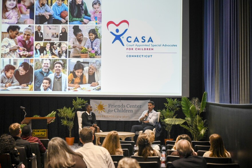 From left to right: Tawanna Brown, and Christopher Scott, speak about their experiences in the Foster Care system at an event hosted by Connecticut CASA in New Haven on May 21st, 2026. Scott, who has since become the leader of a nonprofit, said had a Court Appointed Special Advocate been there for him as a child, he might not have ended up in the foster care system.