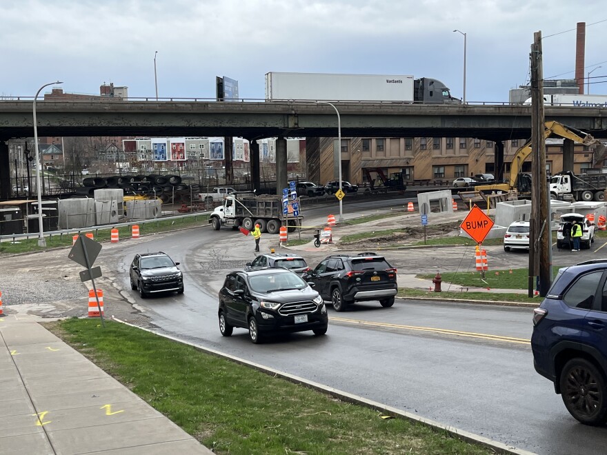 The roundabout will be built roughly where Van Buren Street (with cars) meets Almond St. (with truck). These sections of Van Buren and Almond are closing starting Apr. 15 for about six months.