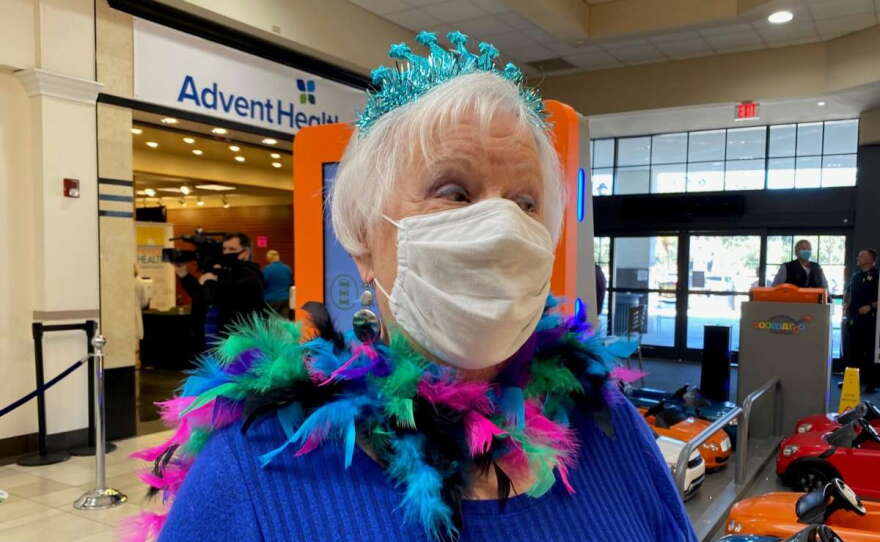 Louise Mediate of The Villages celebrated her 80th birthday Tuesday by going with her siblings as they got vaccinations at Paddock Mall in Ocala. Photo: Joe Byrnes
