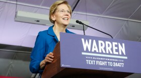 Warren talks to supporters as New Hampshire primary results come in on Tuesday, February 11, 2020. 