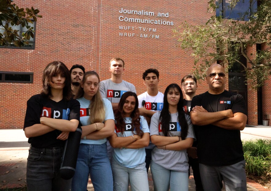 Student producers, from left, are Sofia Dinka, Emiliano Luna, Krista Jensen, AJ Sheridan, Ciara Carle, Gabriel Velasquez Neira, Maria Avlonitis, Ailee Shanes and faculty adviser David Barasoain.