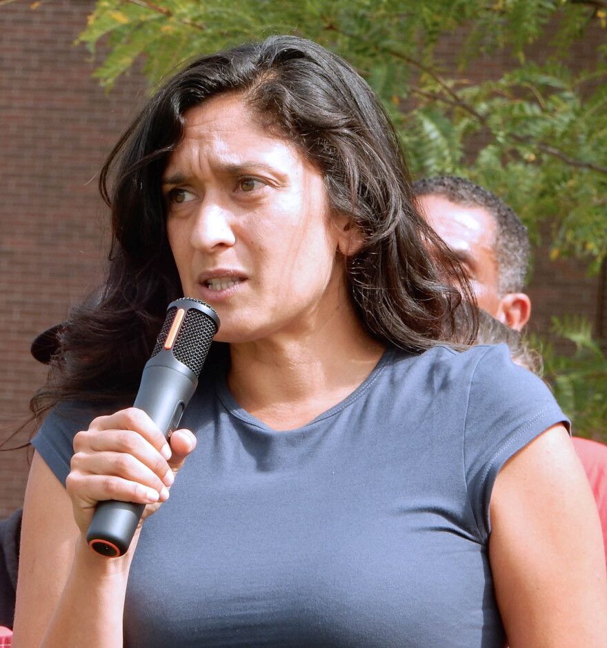 Democrat Amanda Janoo speaks at a union rally in September 2026