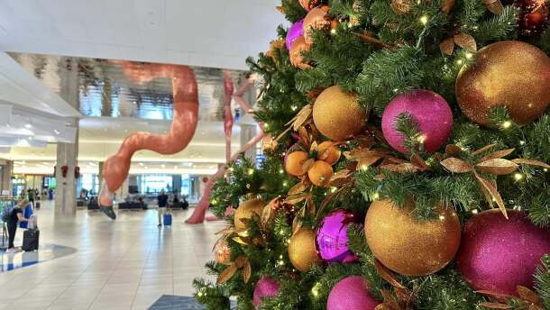 Photo of Christmas decorations at the Tampa International Airport.