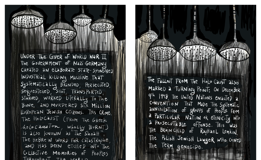 We see two pages with a black background, white text, and 8 shower heads means to represent the Genocide of Jews in the Holocaust