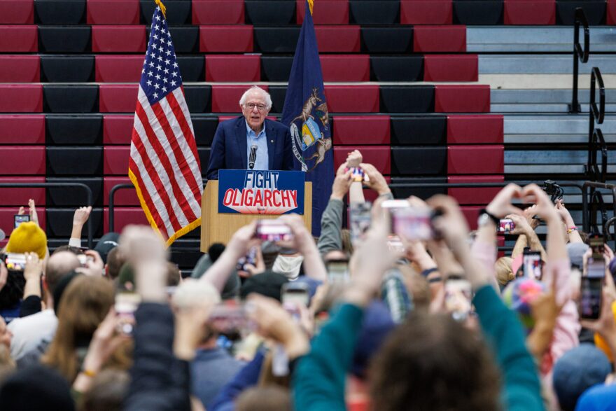 U.S. Sen. Bernie Sanders, I-Vt., speaks at a stop on his "Fighting Oligarchy: Where We Go From Here" tour in Warren, Mich., on March 8, 2025.