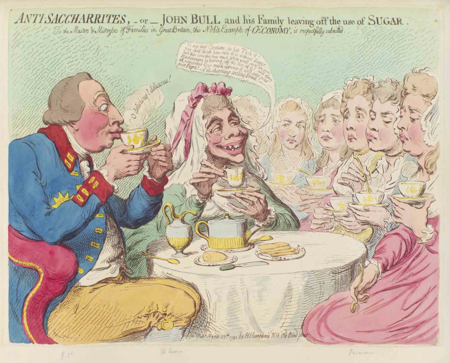 <em>Anti-Saccharrites</em>, a caricature by James Gillray from 1792, depicts King George III of England and his wife, Charlotte, drinking tea without sugar and urging their daughters to do the same. At one point, close to 400,000 Britons gave up sugar as part of the anti-slavery boycott.