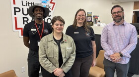 (From left) LRPR Membership Coordinator Blake Givens, Contributing Editor Maggie Ryan, All Things Considered Host Christian Leus and General Manager Jonathan Seaborn.