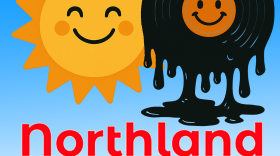 A logo featuring an image of a smiling and melting vinyl record to the left of the sun with the words Northland Afternoon in red lettering.