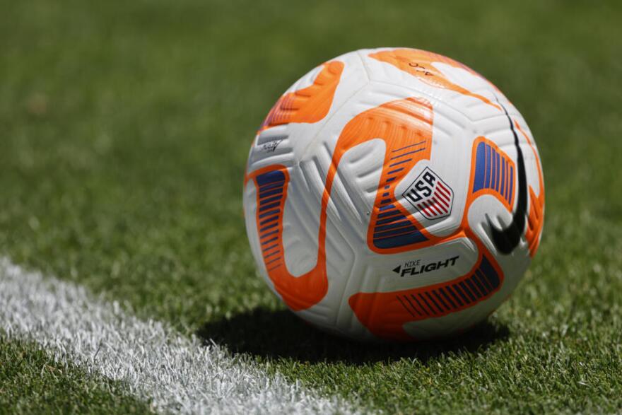 A soccer ball sits during a FIFA Women's World Cup send-off soccer match in San Jose, Calif., Sunday, July 9, 2023. (Josie Lepe/AP)