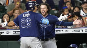 Tampa Bay Rays' Ji-Man Choi (26) celebrates with Brett Phillips after hitting a three-run home run against the Houston Astros during the fifth inning on Wednesday, Sept. 29, 2021, in Houston.