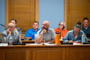 (L-R) Town Council members Carl Massaro, Anthony Dorsey, and Ann Sather listen as local residents give their testimonies on how they feel about the pre-existing data center moderinzing into an AI Data center at Trumbull town hall on September 9, 2026 in Trumbull, Connecticut.
