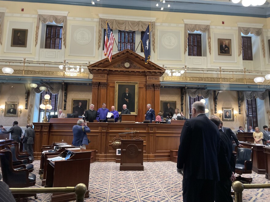 S.C. Senate President Thomas Alexander, R-Oconee, and House Speaker Murrell Smith, R-Sumter, ratify legislation inside the Senate chamber on Wednesday, March 26, 2026.