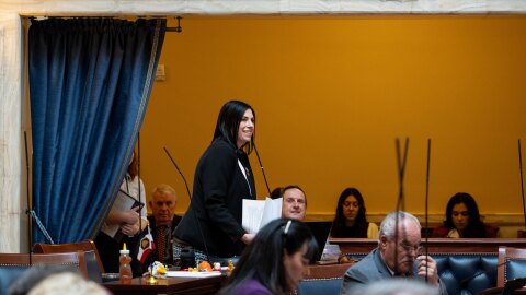 Sen. Emily Buss speaks on the Utah Senate floor during the 2026 General Session. Buss is a member of the Forward Party of Utah and the only third-party legislator in the state. A divided political climate could be the opening she and other Forward Party candidates need to gain more ground in Utah politics in 2026.
