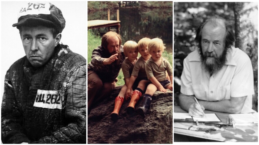 Newly exiled Aleksandr Solzhenitsyn in Kazakhstan in 1953 (left); Solzhenitsyn  with his sons in Cavendish in August 1976; Solzhenitsyn at his self-made writing table in Cavendish during the 1980s. 