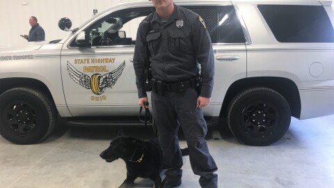 Ohio State Highway Patrol trooper Jerad White and his partner, Danny, at the new training facility in Marysville.