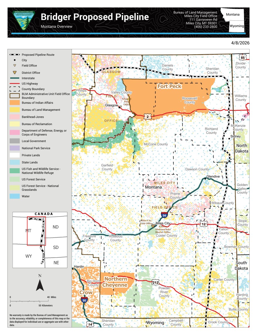 A map showing where a proposed pipeline will go in Wyoming.