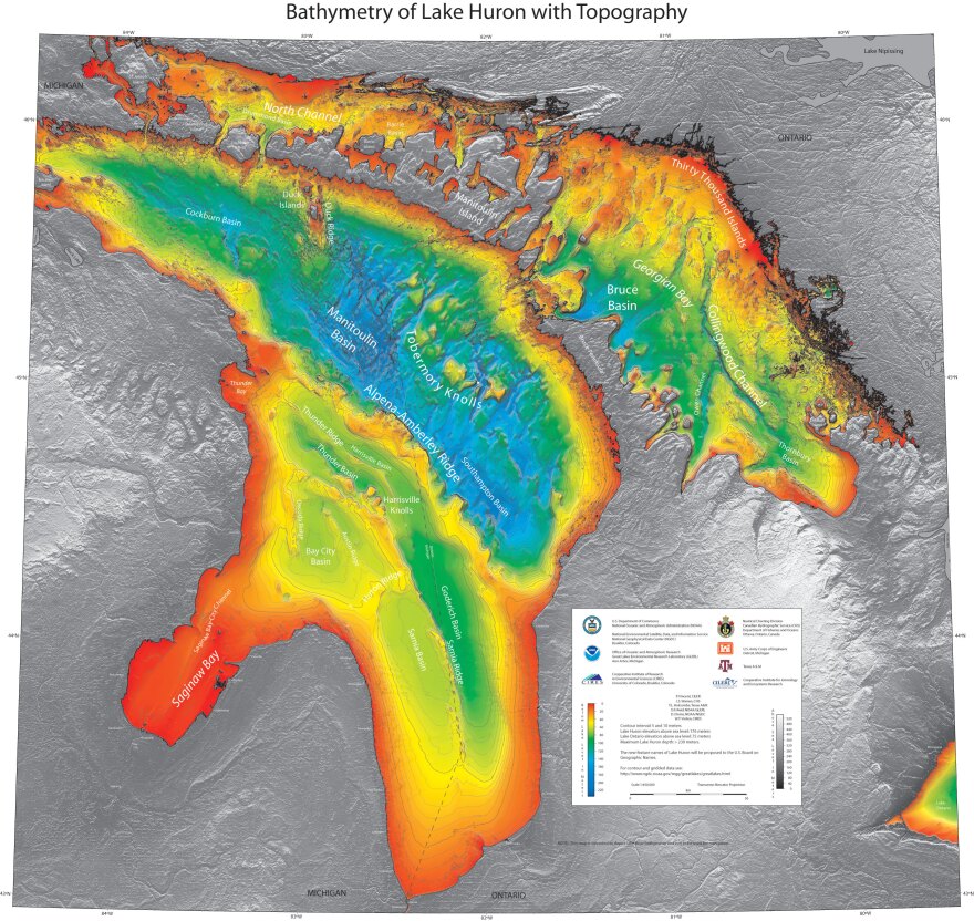 This map shows the topography of the bottom of Lake Huron with the Alpena Amberley Ridge cutting across it at a diagonal. (credit: National Oceanic and Atmospheric Administration)