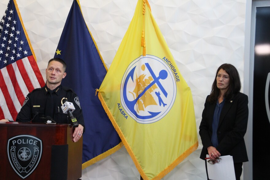 Anchorage Police Chief Sean Case (left) and Mayor Suzanne LaFrance speak to reporters on Aug. 15, 2024 at APD headquarters. (Wesley Early/Alaska Public Media)