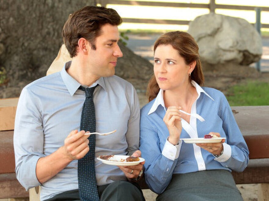 John Krasinski and Jenna Fischer as Jim and Pam Halpert.