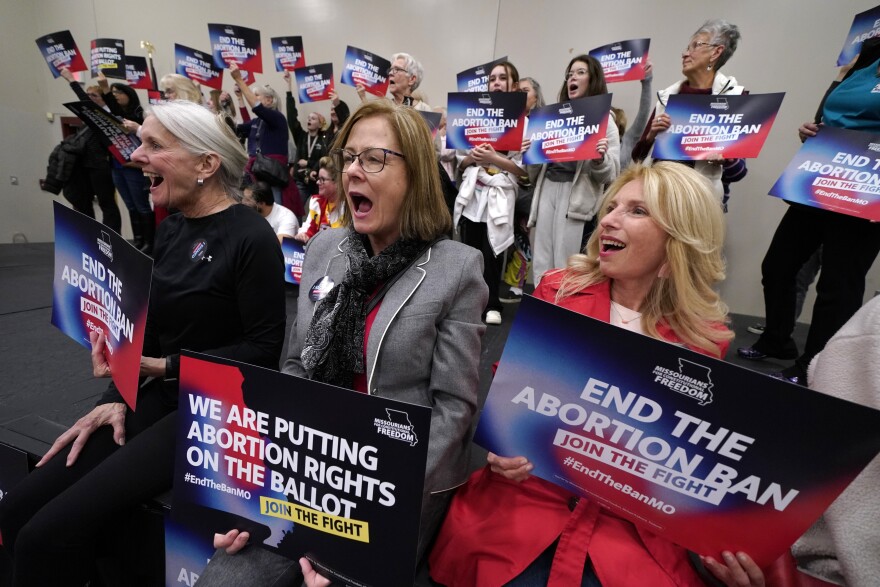 FILE - Missouri residents and pro-choice advocates react to a speaker during Missourians for Constitutionals Freedom kick-off petition drive, Feb. 6, 2024, in Kansas City, Mo. At least four states will have abortion-related ballot questions in November's election and there's a push to get them before voters in several others.