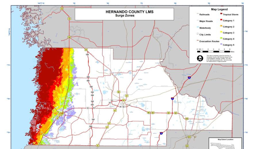 Map of storm surge effects in coastal Hernando County. Courtesy Hernando County