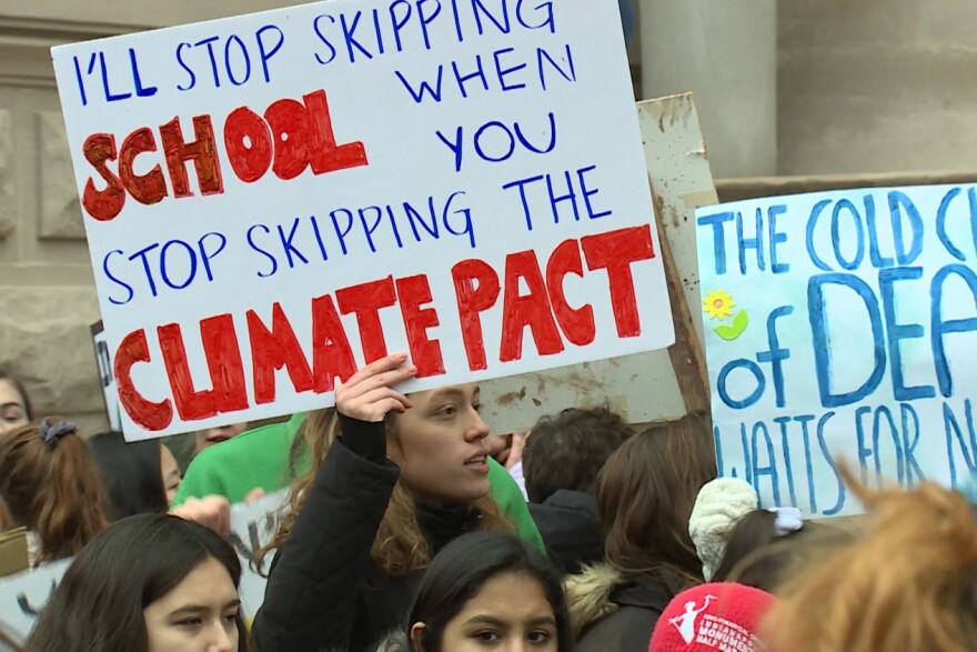 Students gathered at the Indiana Statehouse for the 2019 Youth Climate Strike.