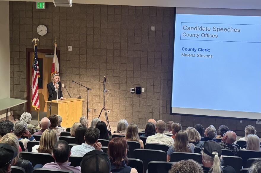 Malena Stevens addressed precinct delegates and members of the public at the Summit County Democratic Convention on April 7. Running unopposed, Stevens secured the party's nomination to serve as interim clerk and assumed the position on April 8, following a vote by county council.