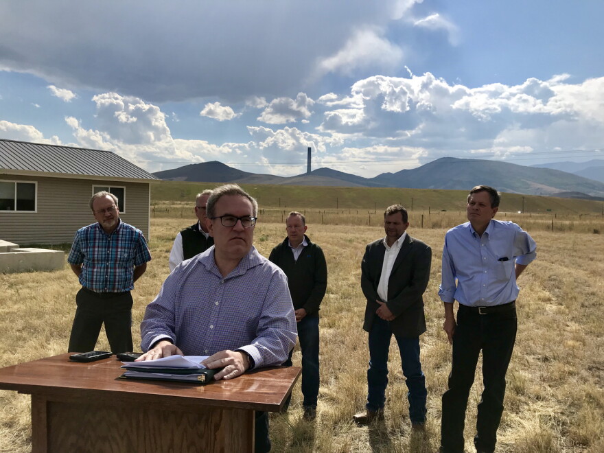 EPA Acting Administrator Andrew Wheeler outside Anaconda, Sept. 7. Behind him, L to R: Anaconda-Deer Lodge County Superfund Coordinator Carl Nyman, MT Attorney General Tim Fox, EPA Regional Adm. Doug Benevento, County CEO Bill Everett, Sen. Steve Daines