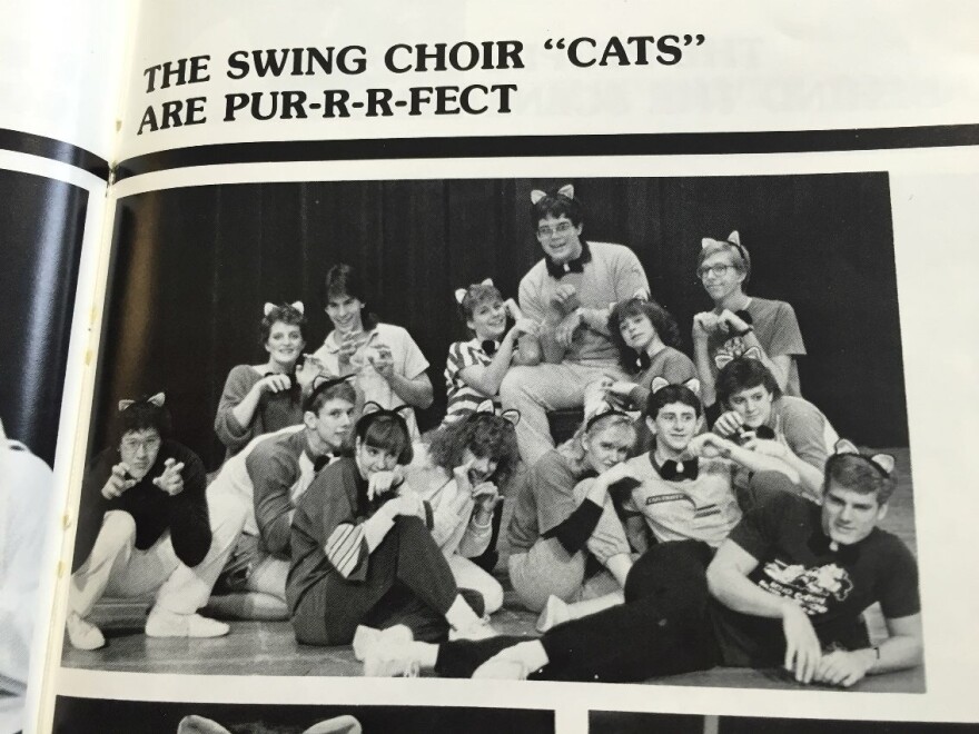 Walker, the one without cat ears, during his high school swing choir's performance of songs from the musical <em>Cats</em>.