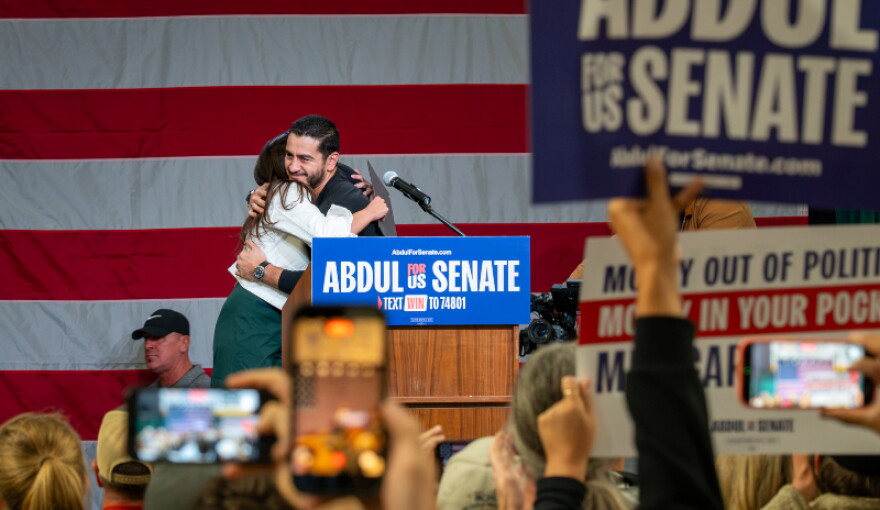 Democratic U.S. Senate candidate Abdul El-Sayed embraces New York Rep. Alexandria Ocasio Cortez at a rally on Thursday, October 16, 2026