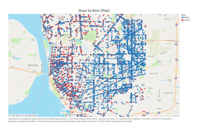 The map displays the total Buffalo police traffic stops by race (white and Black). Police stops of white people are shown as red dots on the map. Police stops of Black people are shown as blue dots on the map.