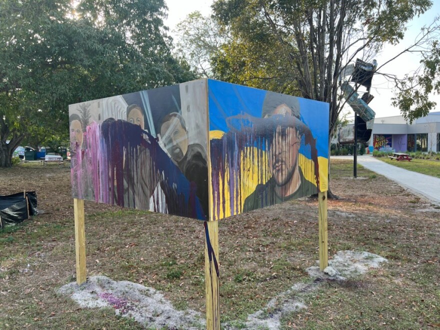 Murals by local artists Erik Schlake and Roland Ruocco that have stood in front of the Alliance for the Arts were been vandalized. The 4×8 foot murals depicting Zelenskyy — one against a backdrop of a Ukrainian flag — could be seen by traffic passing on McGregor Boulevard in fort Myers.