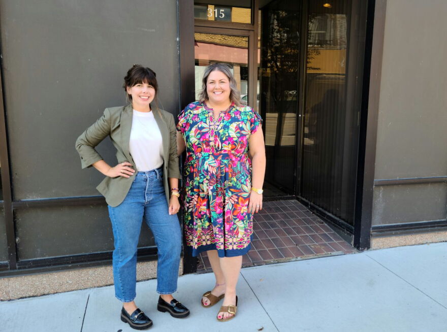 Elizabeth Pappas (left) and Amy Moyer outside the future home of artist studios. “When you put a great group of artists together, the sky’s the limit,” Pappas said.