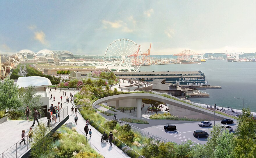 A rendering of a white bridge with walking paths and plants over a road with the Seattle Great Wheel, piers and stadiums in the background.