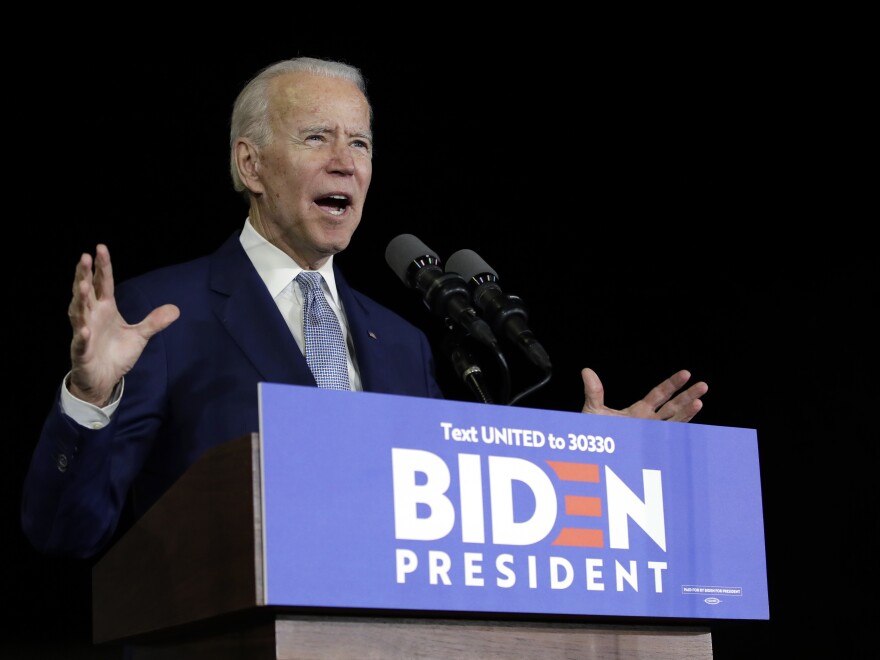 Former Vice President Joe Biden speaks during a primary election night rally Tuesday in Los Angeles.