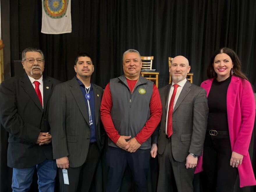 UKB leaders stand together at celebration. From left to right: District Representative Donald Adair, Assistant Chief Amos Ketcher, Chief Jeff Wacoche, and Congressional Delegate and attorney Victoria Holland.