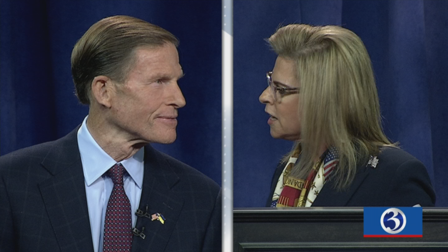 Richard Blumenthal and Leora Levy face off during the WFSB/CT Insider debate Wednesday night.