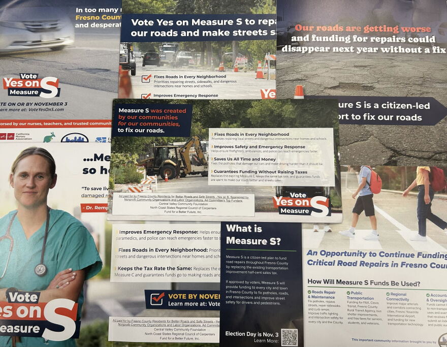 A sampling of Yes on Measure S mailers sent to Fresno County voters during the 2026 election campaign.