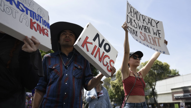 Protestors in Chico, Calif. on June 14, 2025, in the first ‘No Kings Day' protest.