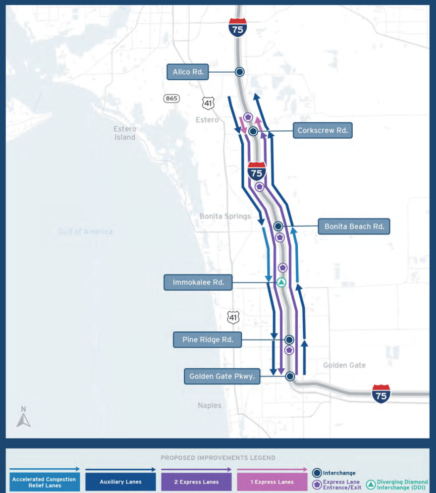 FDOT says the purpose of the project is to increase capacity, improve traffic operations and enhance safety on I-75 from Golden Gate Parkway to Alico Road within Collier and Lee Counties.
