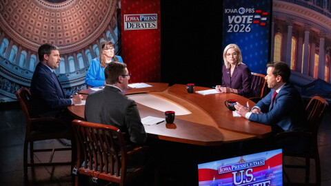 U.S. Senate candidates Ashley Hinson and Josh Turek take questions during a debate on Oct. 7, 2026, at Iowa PBS in Johnston.