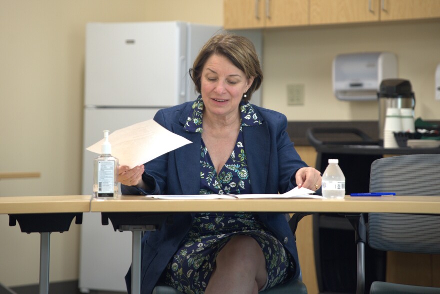 Sen. Amy Klobuchar visits with hospital administration and Grand Rapids mayor at Grand Itasca Clinic & Hospital on July 25, 2025.
