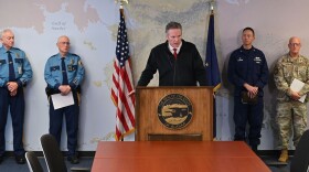 Gov. Mike Dunleavy speaks at a press conference, Oct. 13, 2025.
