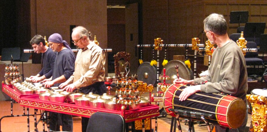 D'Drum members John Bryant, Jamal Mohamed, Ed Smith, and Doug Howard practicing on Meyerson's stage.