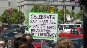 A sign supporting gay marriage in California on the first day same-gender couples could legally marry there.