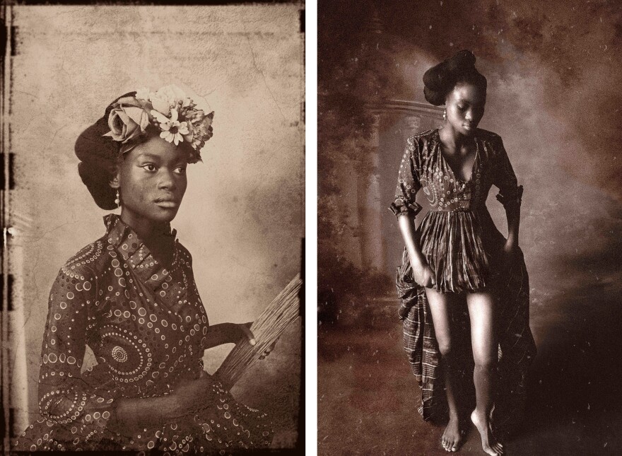 These portraits connect the art of the West — two Rembrandt works — and Africa. Sight<em> Unseen I</em> (left), inspired by Rembrandt's portrait "Sakia as Flora," brings in a broom as an African implement. In <em>Sight Unseen</em> II, modeled after his painting "Bathsheba at Her Bath,"<em> </em>a woman lifts her dress as if she were stepping into a stream.
