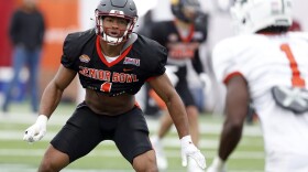 National linebacker Daiyan Henley of Washington State (1) runs drills during practice for the Senior Bowl NCAA college football game Thursday, Feb. 2, 2023, in Mobile, Ala.. (AP Photo/Butch Dill)